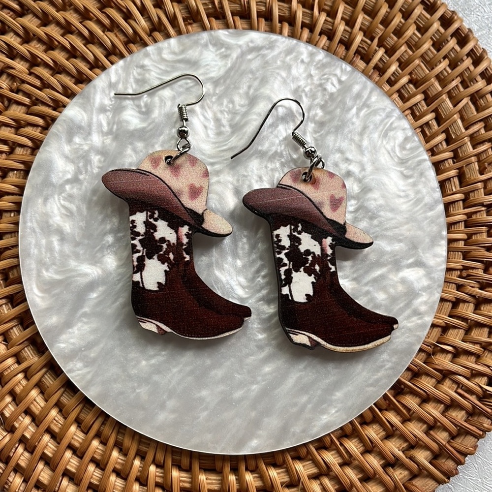 Wooden Cowboy Boots and Hat Earrings